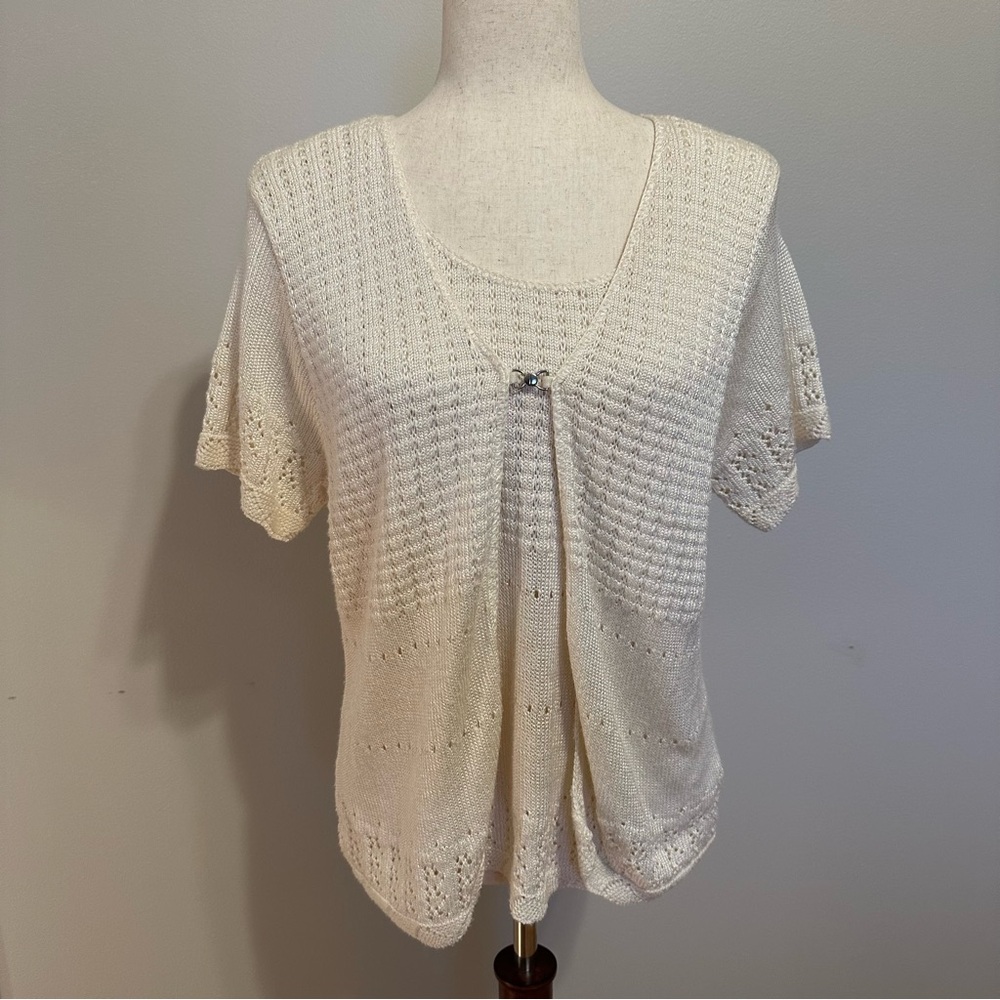 Vintage Bentley White Open Knit Cardigan Built-in Cami Top Size L